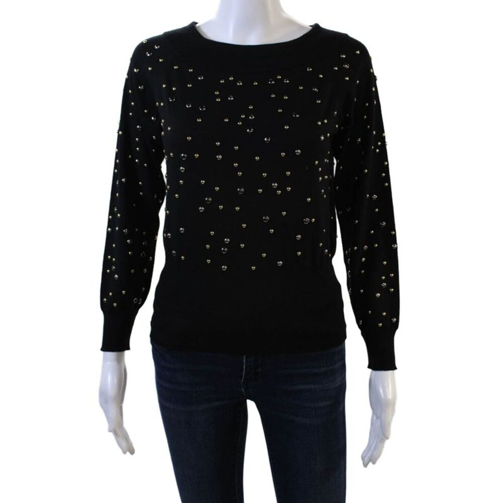 Elie Saab Womens Long Sleeve Studded Merino Wool Sweater Black Size FR 36